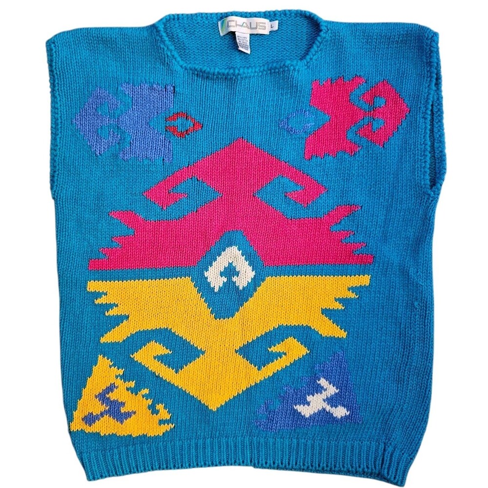 Vintage Claus Brand Knit Sweater Vest Women's Size L Blue Colorful Geometric 80s